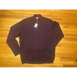 NWT Canali Burgundy Navy Long‎ Sleeve Quarter Zip Size 56 100% Wool *small hole